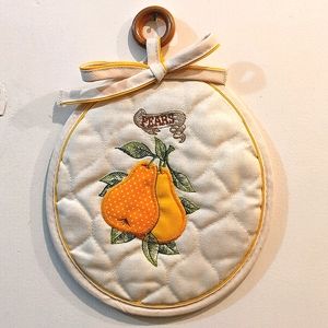 ✨ SOLD✨ 1950s Vintage Retro Grandma Stitched "PEARS" Potholder w/ Wooden Loop